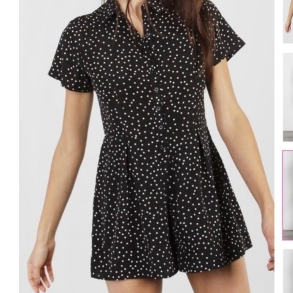 Mod Ref Black Polka Dot Button Front Collared Short Sleeve Romper Large